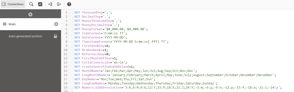 La sección principal del editor de carga de datos, generada automáticamente, con configuraciones regionales