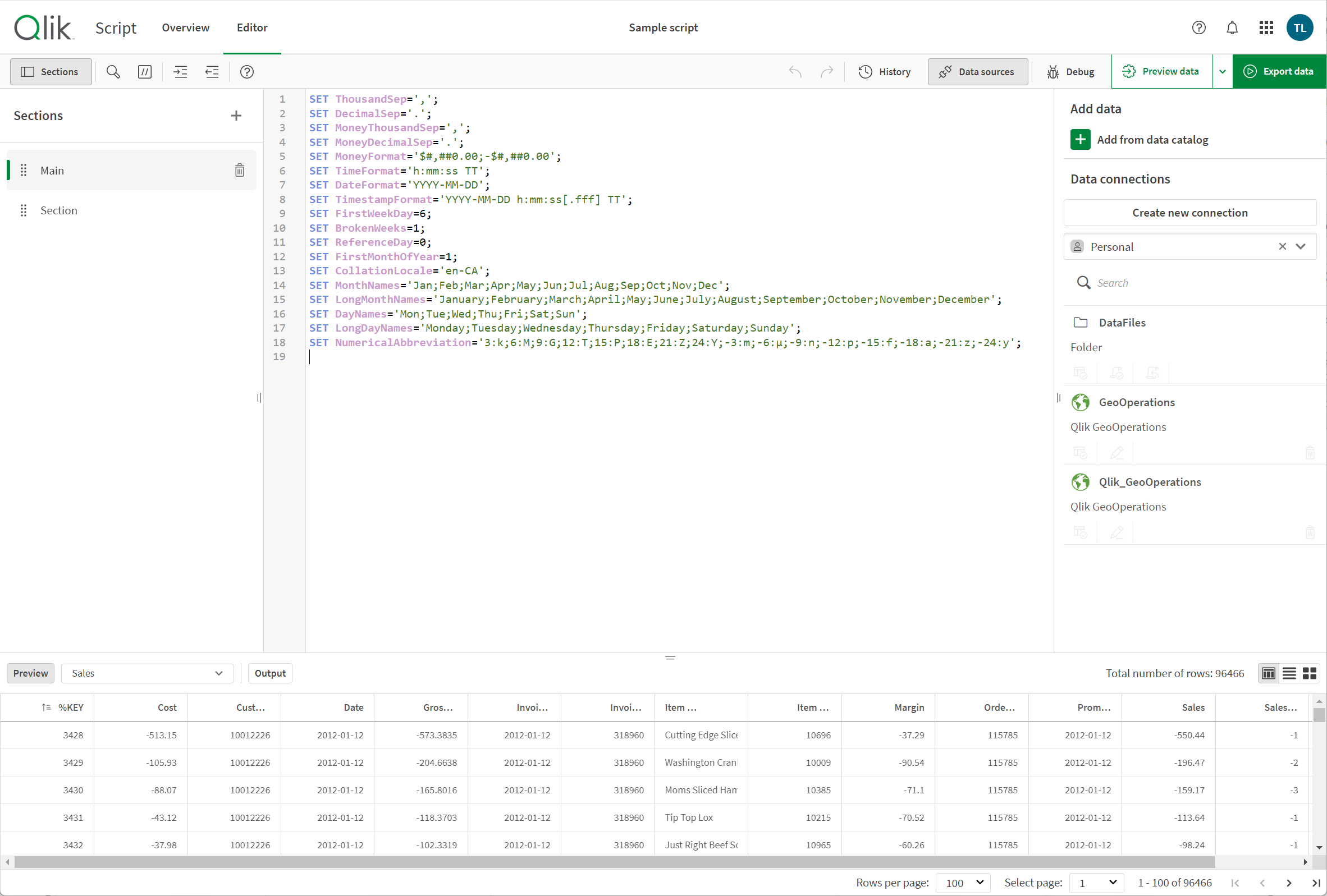 El editor abierto en el Editor de script.