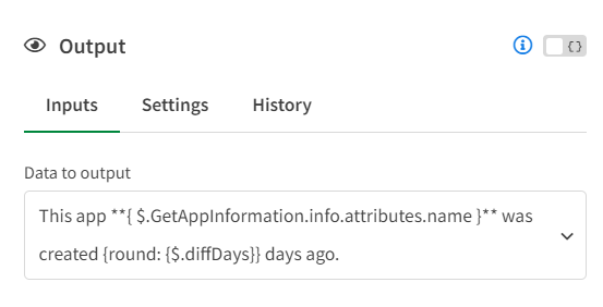 The output block configuration showing the string and variable that is output