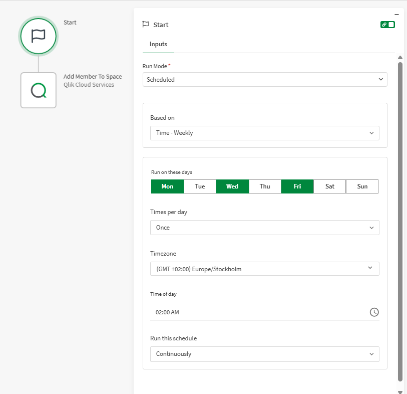 Start block configured in Scheduled run mode