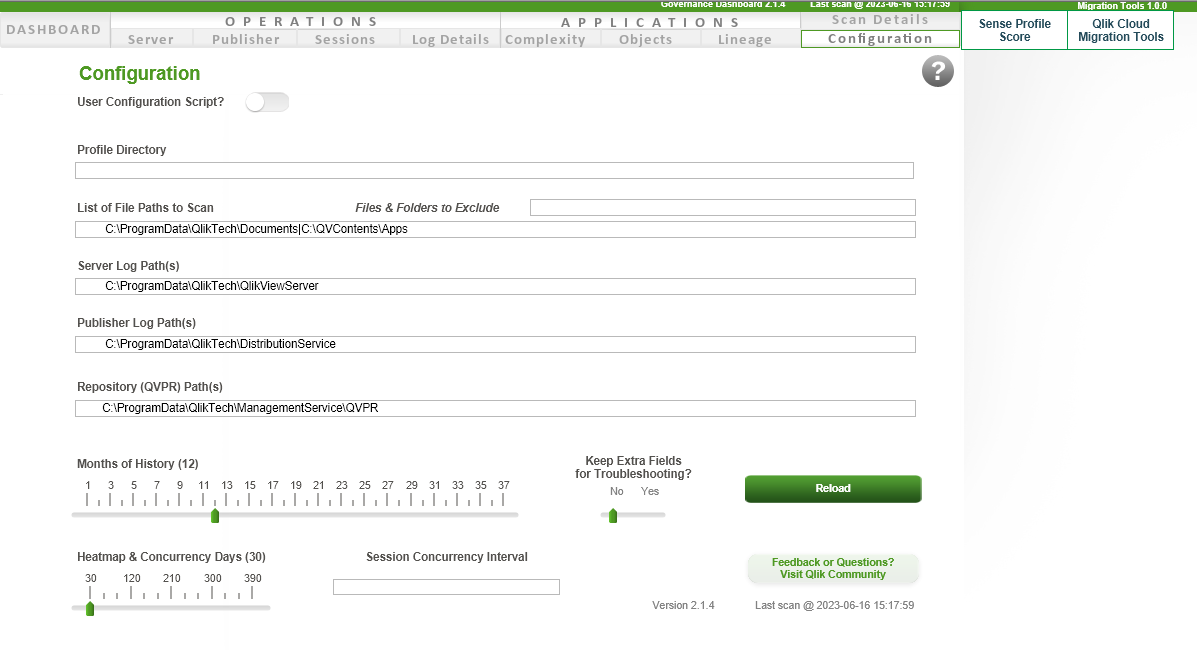 Pestaña Configuración de la app QlikView to SaaS Migration