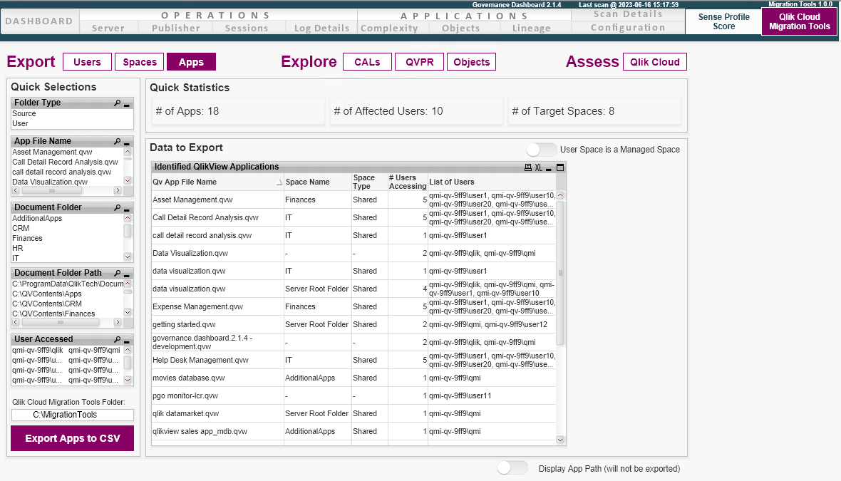 Pestaña Migration Tools, de la app QlikView to SaaS Migration, vista Export apps