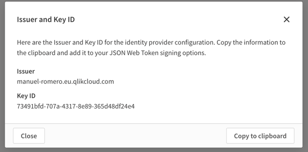 Emisor e ID de clave para la configuración del proveedor de identidad