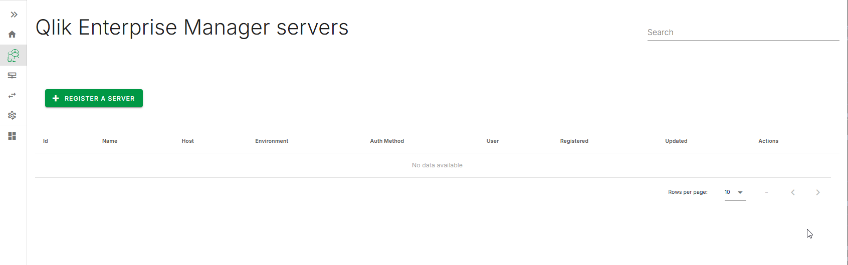 Página con la lista de servidores de Qlik Enterprise Manager.