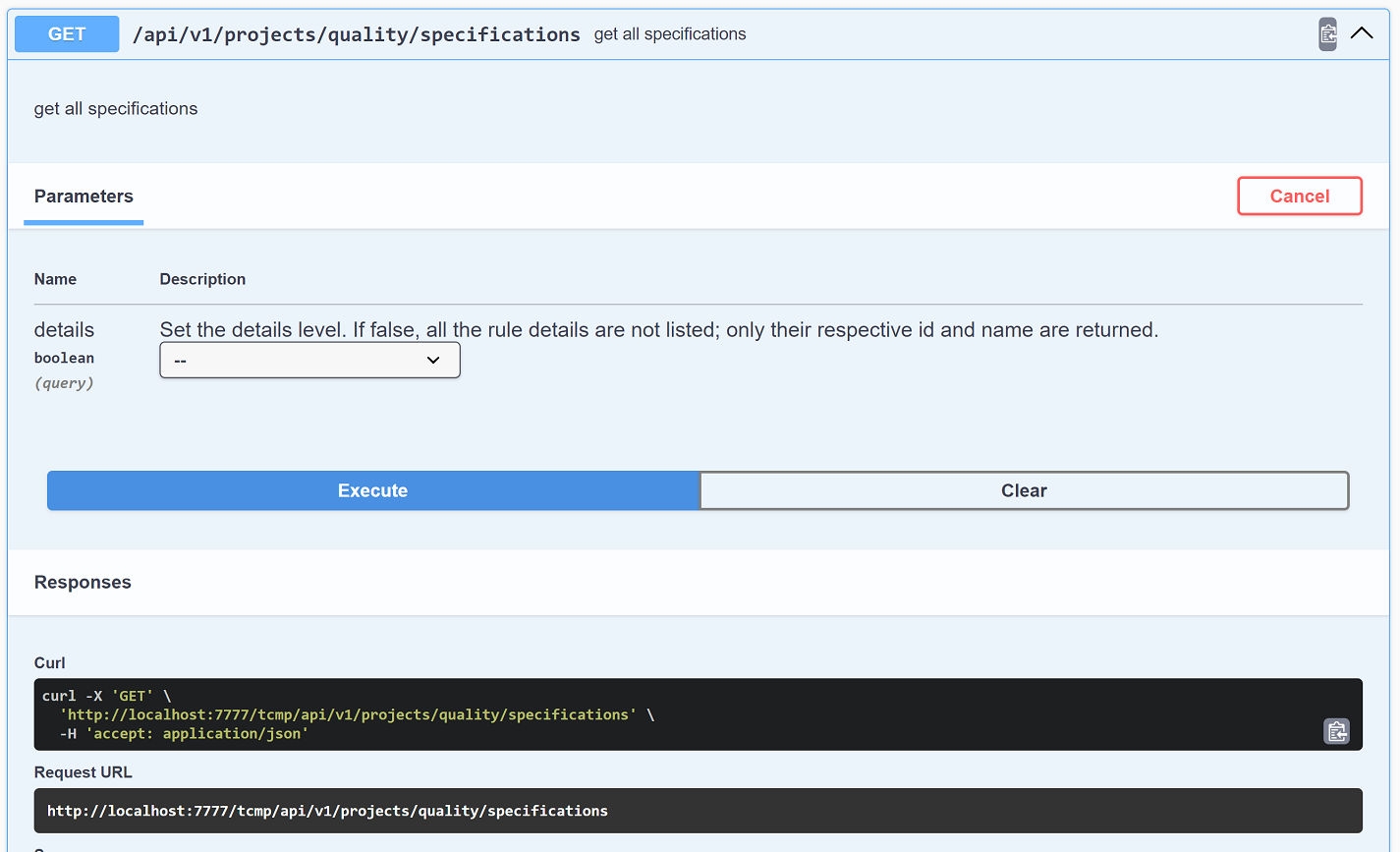 API seleccionada para obtener todas las especificaciones.