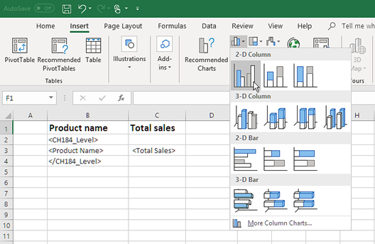 Plantilla de Excel que muestra el menú Añadir gráfico.