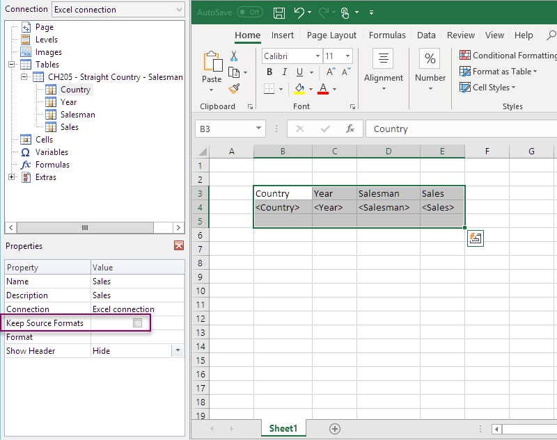 Excel report template with levels added as table.