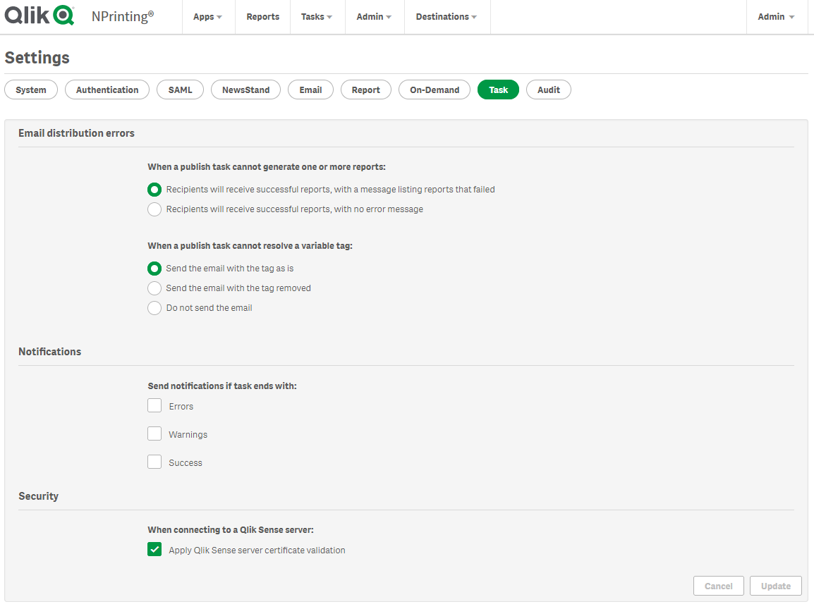 El panel Configuración de tarea muestra los ajustes de notificaciones y seguridad.