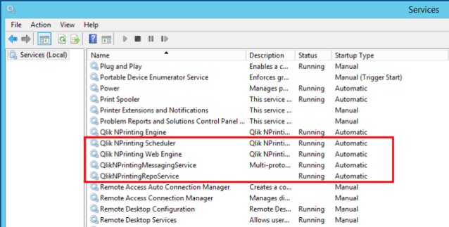 Ventana de tareas de servicios de Windows que muestra los servicios de Qlik NPrinting que deben estar ejecutándose para continuar con la instalación.