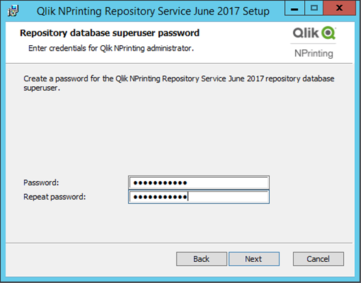 Ventana de instalación del servicio de repositorio de Qlik NPrinting que muestra la creación de la contraseña.