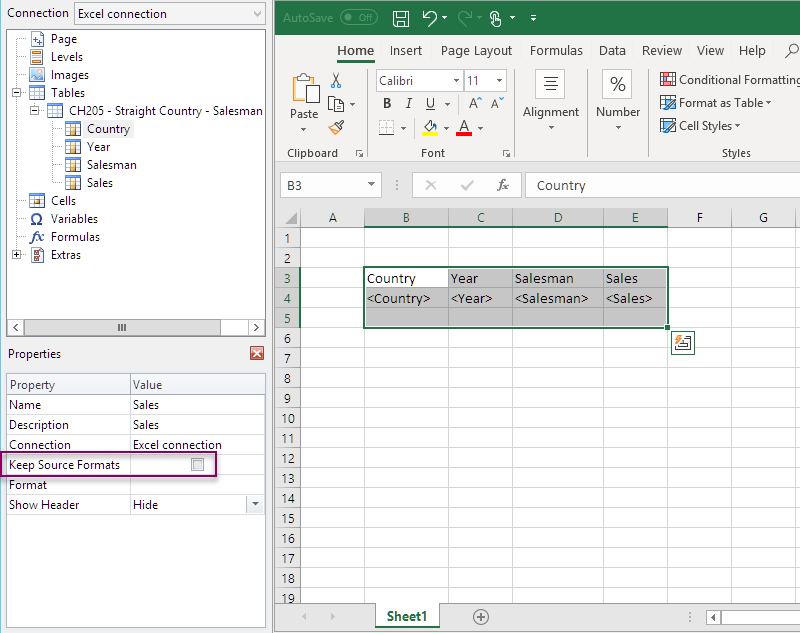 Plantilla de informes de Excel con niveles añadidos como tabla.