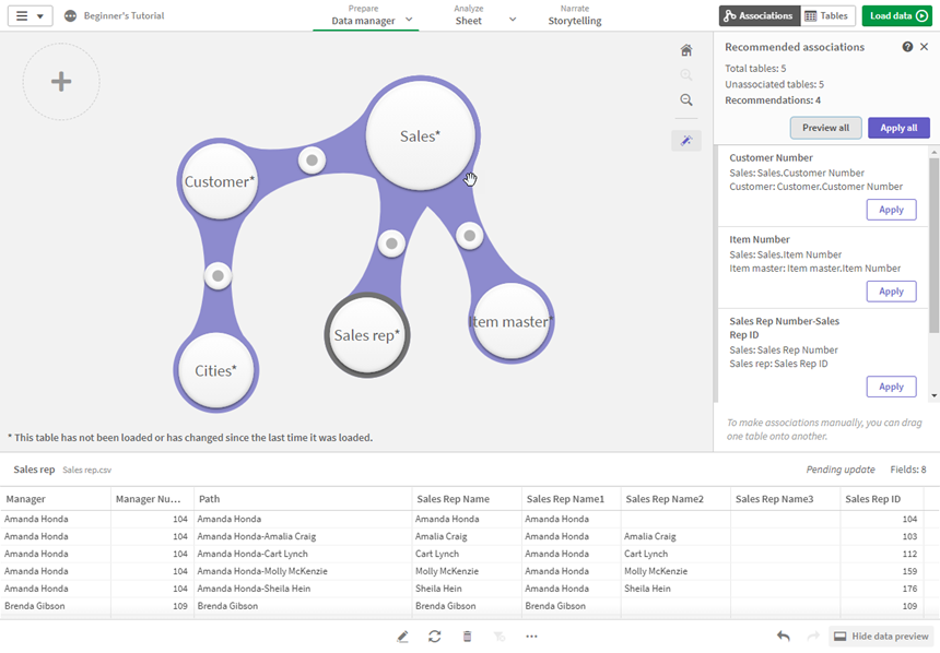 Recommended associations panel open and the Associations view displaying the recommended associations.