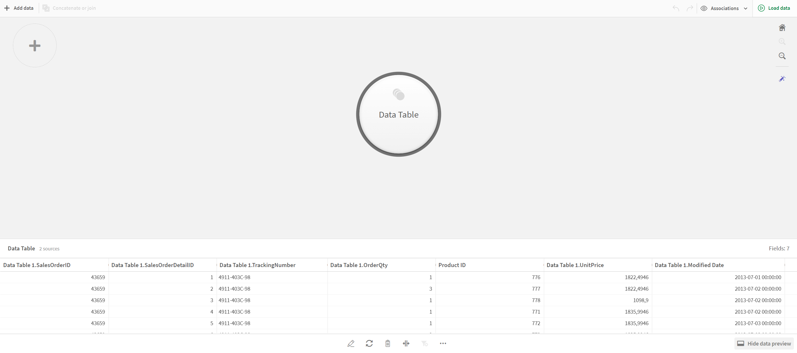 El gestor de datos con la burbuja "Data Table".