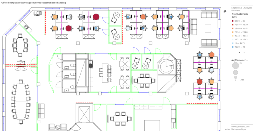 Ejemplo de mapa con un fondo de imagen de planta con una capa de puntos que muestra a los empleados dimensionados según la cantidad de problemas de clientes que han resuelto