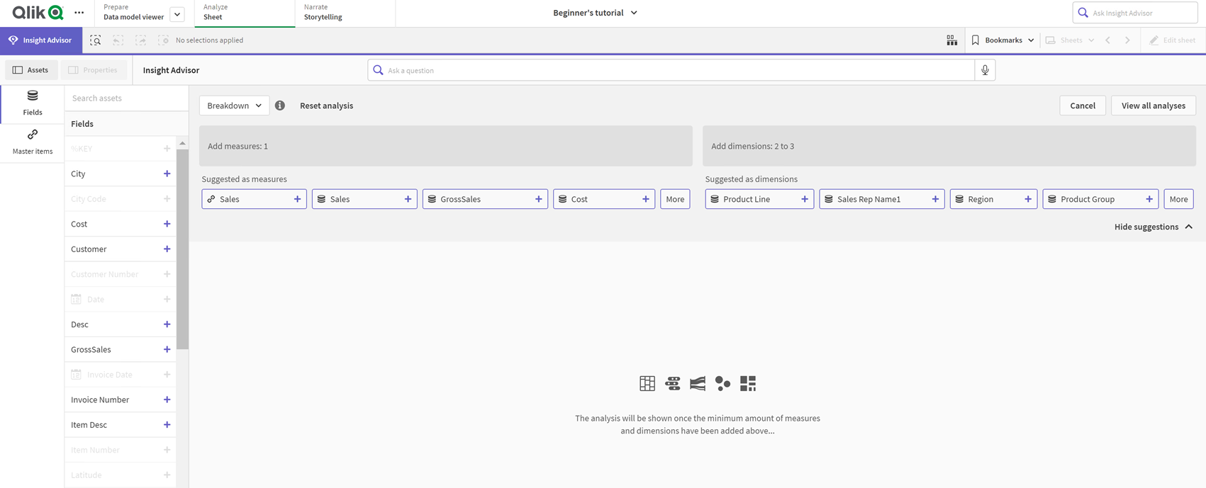 Creación de un análisis con el tipo de análisis de desglose.