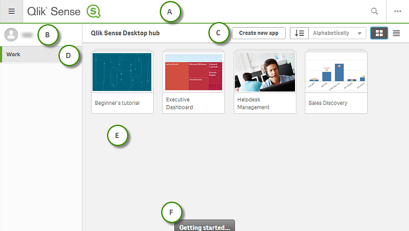 Qlik Sense Desktop hub view.