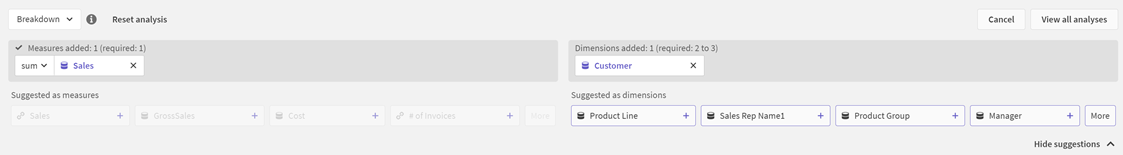 El panel de propiedades en Insight Advisor.