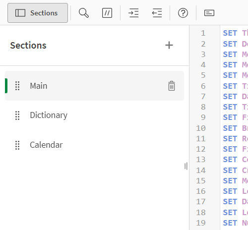 Haga clic para ver a tamaño completo Secciones en el editor de carga de datos.