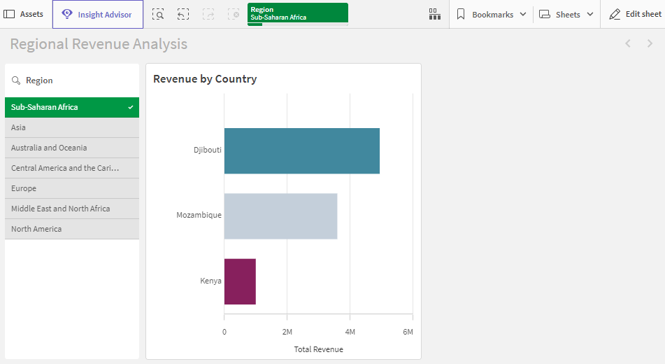 Click to view full size App in sheet analyze mode, showing modified selection of field configured with the 'Always one selected value' field setting
