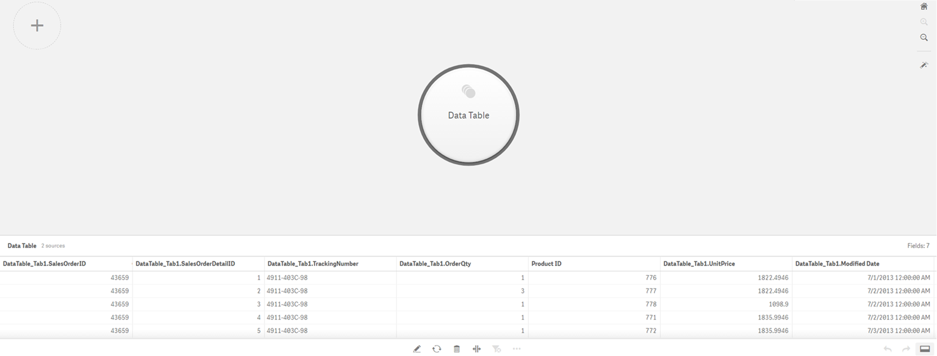 El gestor de datos con la burbuja "Data Table".