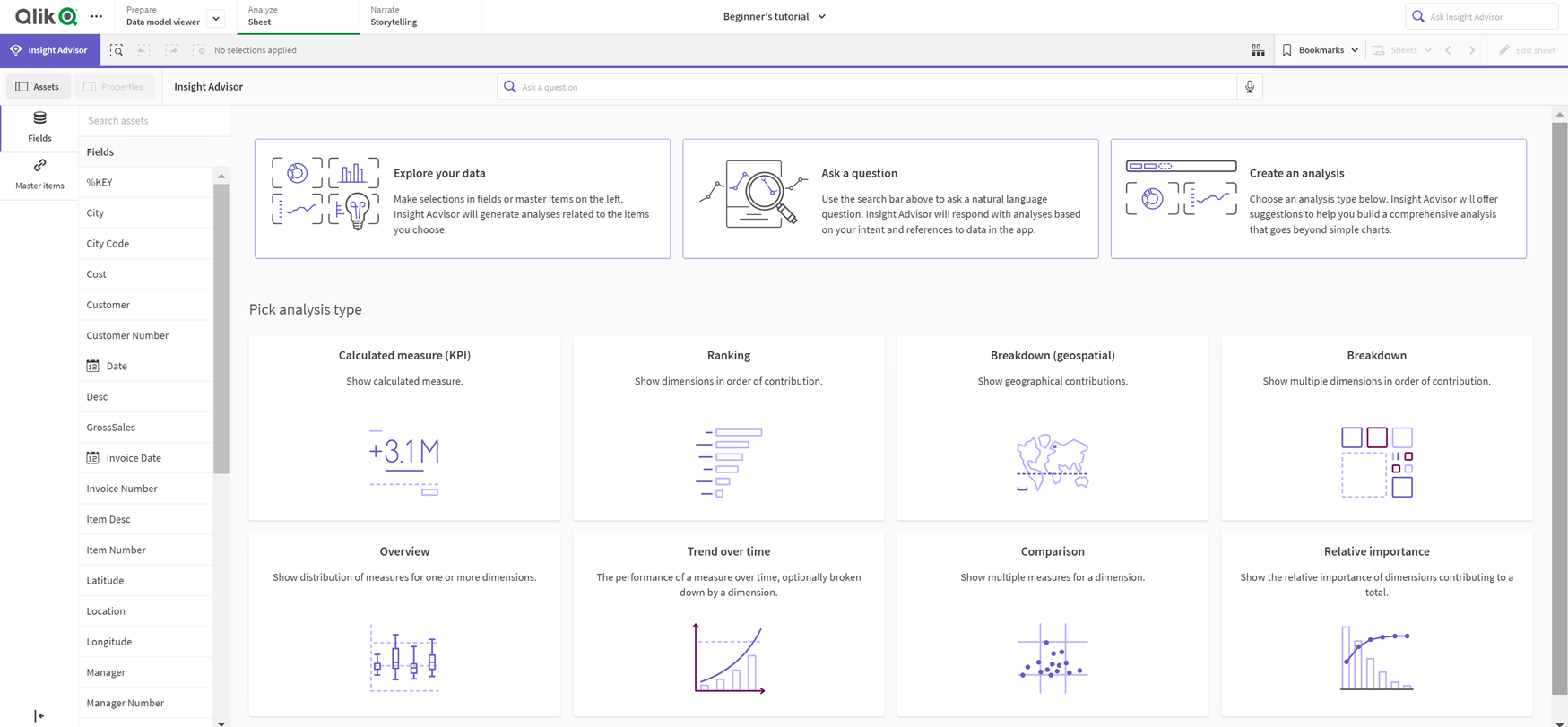 Tipos de análisis de Insight Advisor muestra los tipos de análisis disponibles en las opciones de análisis.