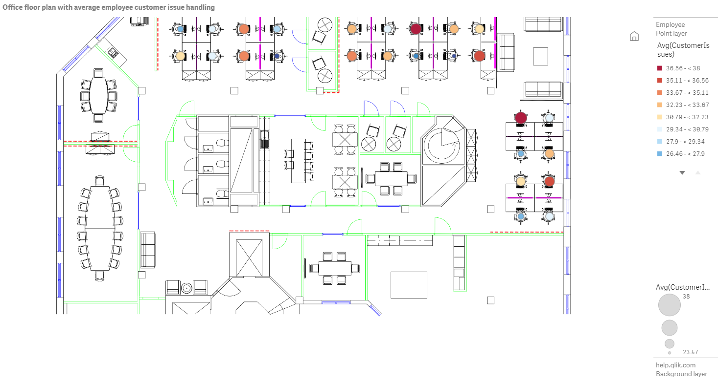 Ejemplo de mapa con un fondo de imagen de planta con una capa de puntos que muestra a los empleados dimensionados según la cantidad de problemas de clientes que han resuelto