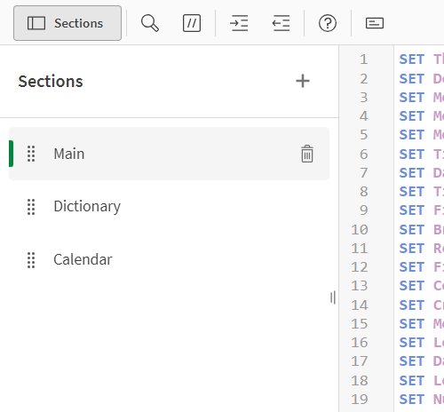 Secciones en el editor de carga de datos.