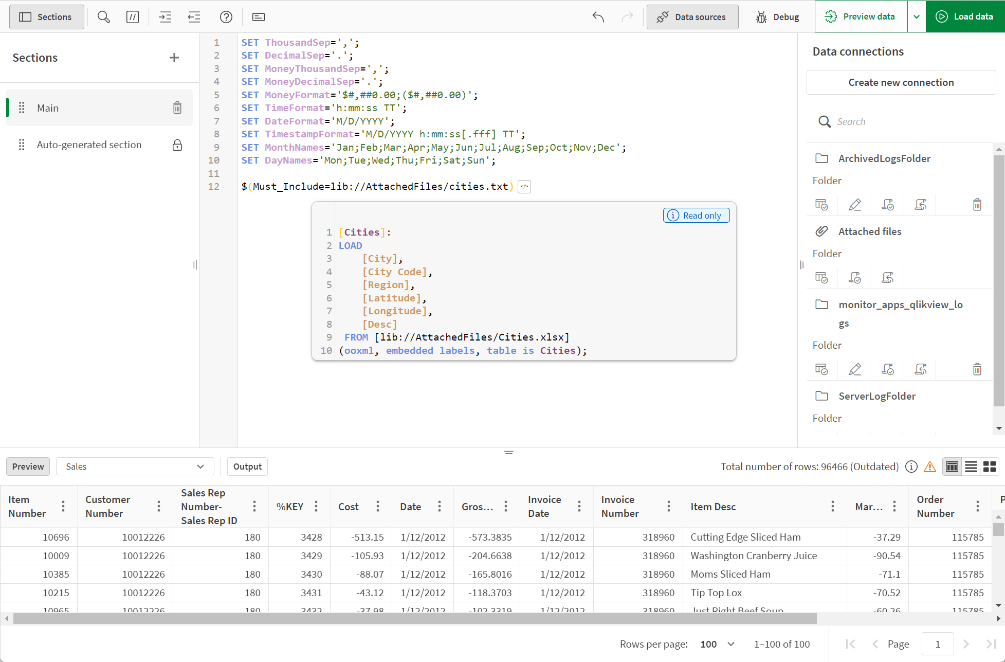 Vista previa de un script insertado en el Editor de carga de datos.