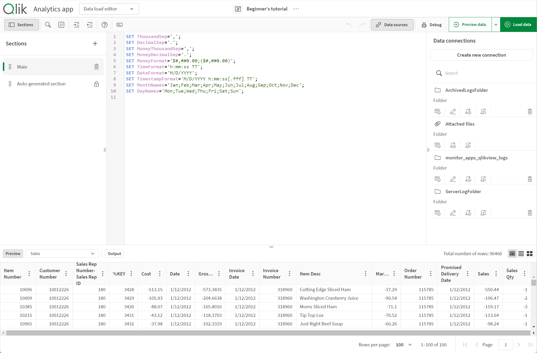 Editor de carga de datos, con las fuentes de datos abiertas
