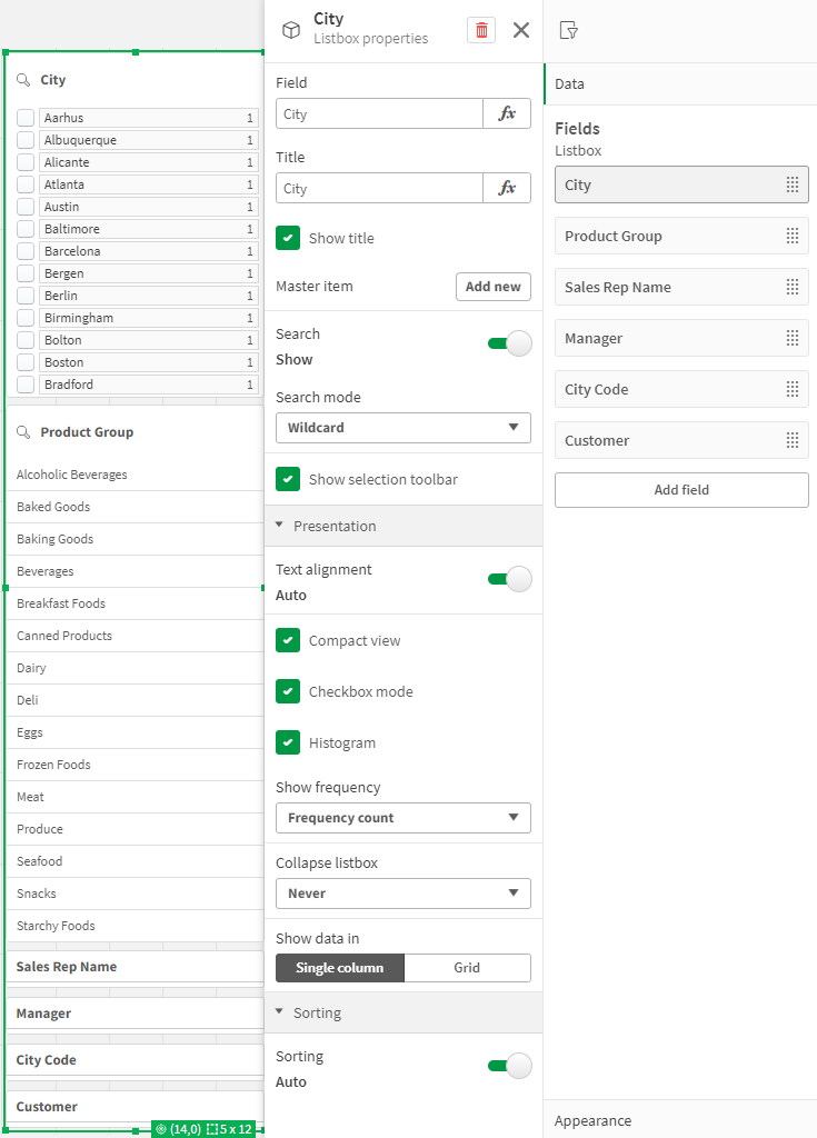 Propiedades del cuadro de lista para un único cuadro de lista en un panel de filtrado.