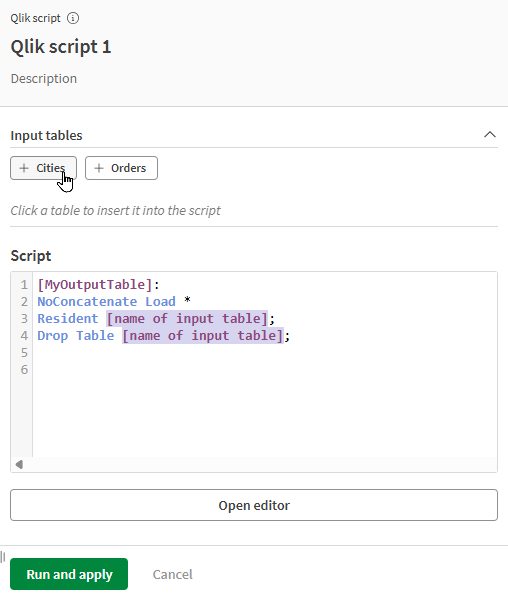 Mettre en surbrillance le texte du script et sélectionner une table d'entrée pour l'ajouter à la position spécifiée dans le script.