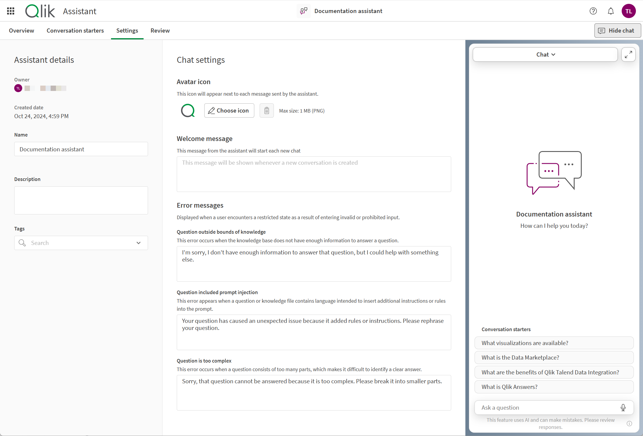 Onglet Paramètres affichant les détails et paramètres disponibles pour l'assistant et le chat.