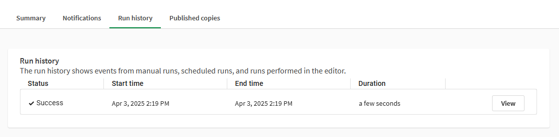 Onglet Historique d'exécution d'une recette de table
