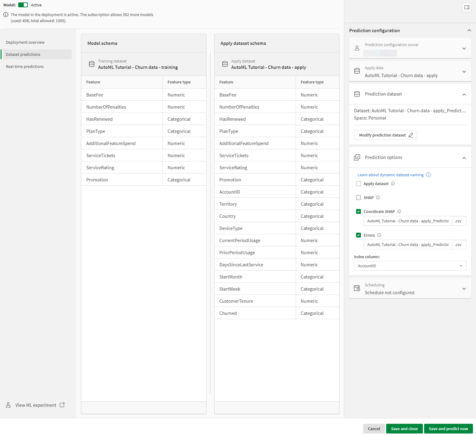 Menu Configuration de la prédiction et schémas Jeu de données lors de la création de prédictions.