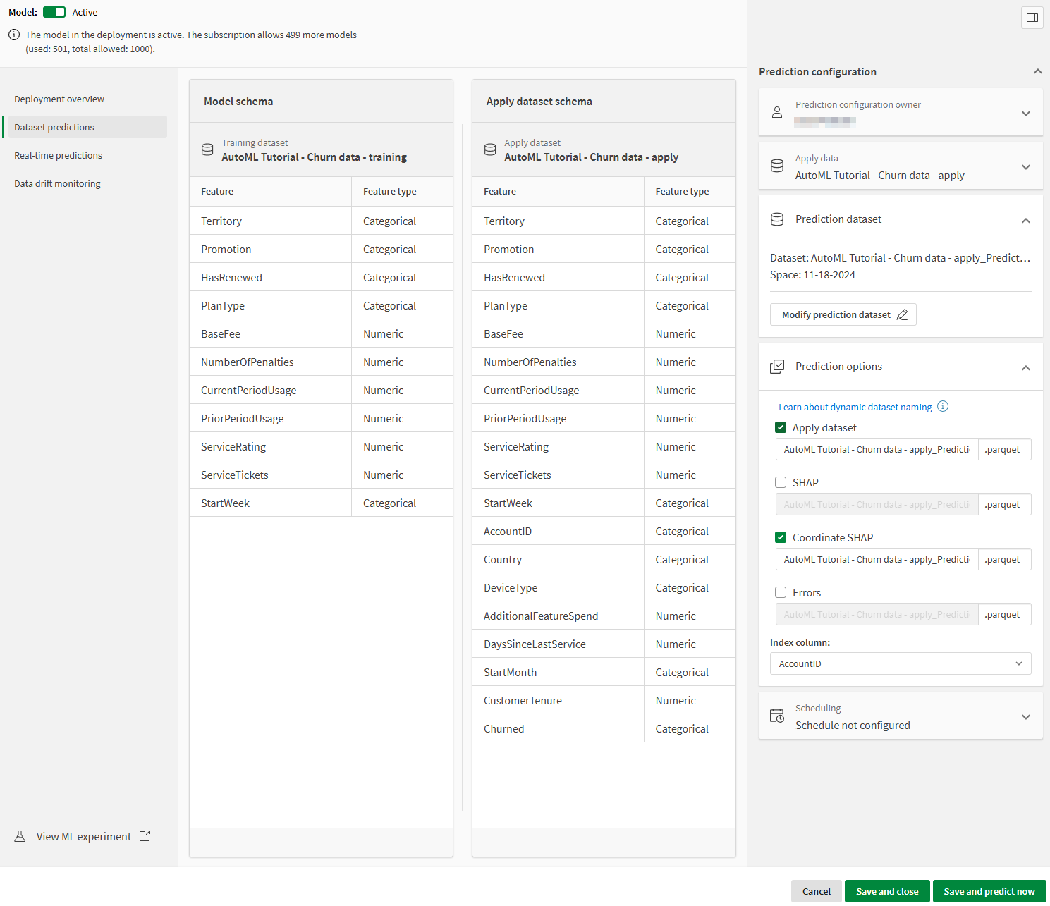 Menu Configuration de la prédiction et schémas Jeu de données lors de la création de prédictions.