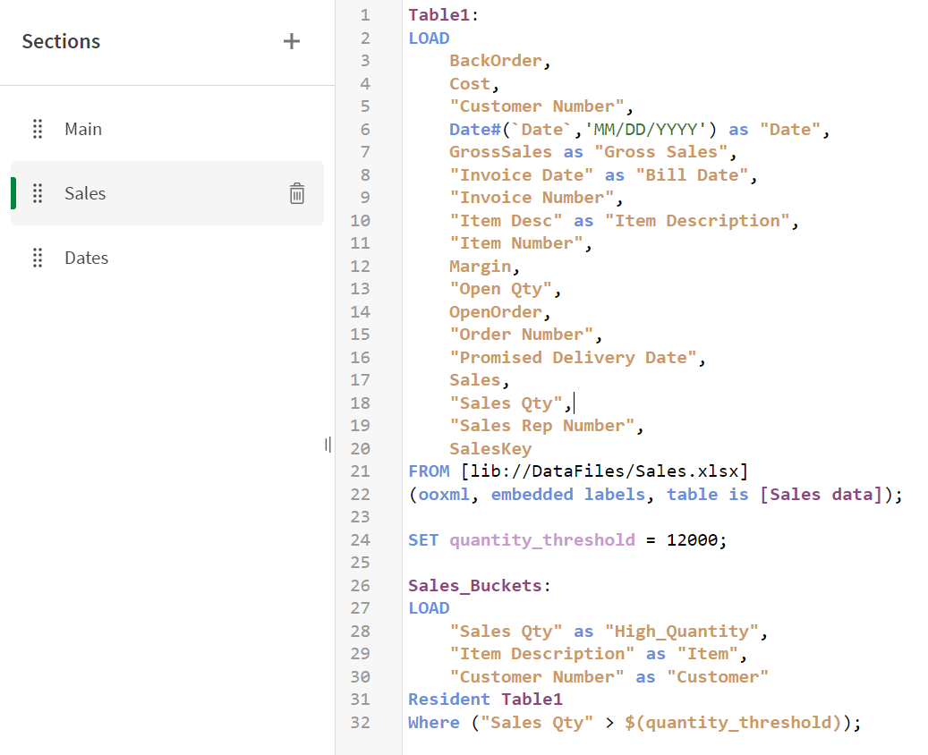 Fenêtre de script de chargement avec script pour créer une table appelée Sales_Buckets.
