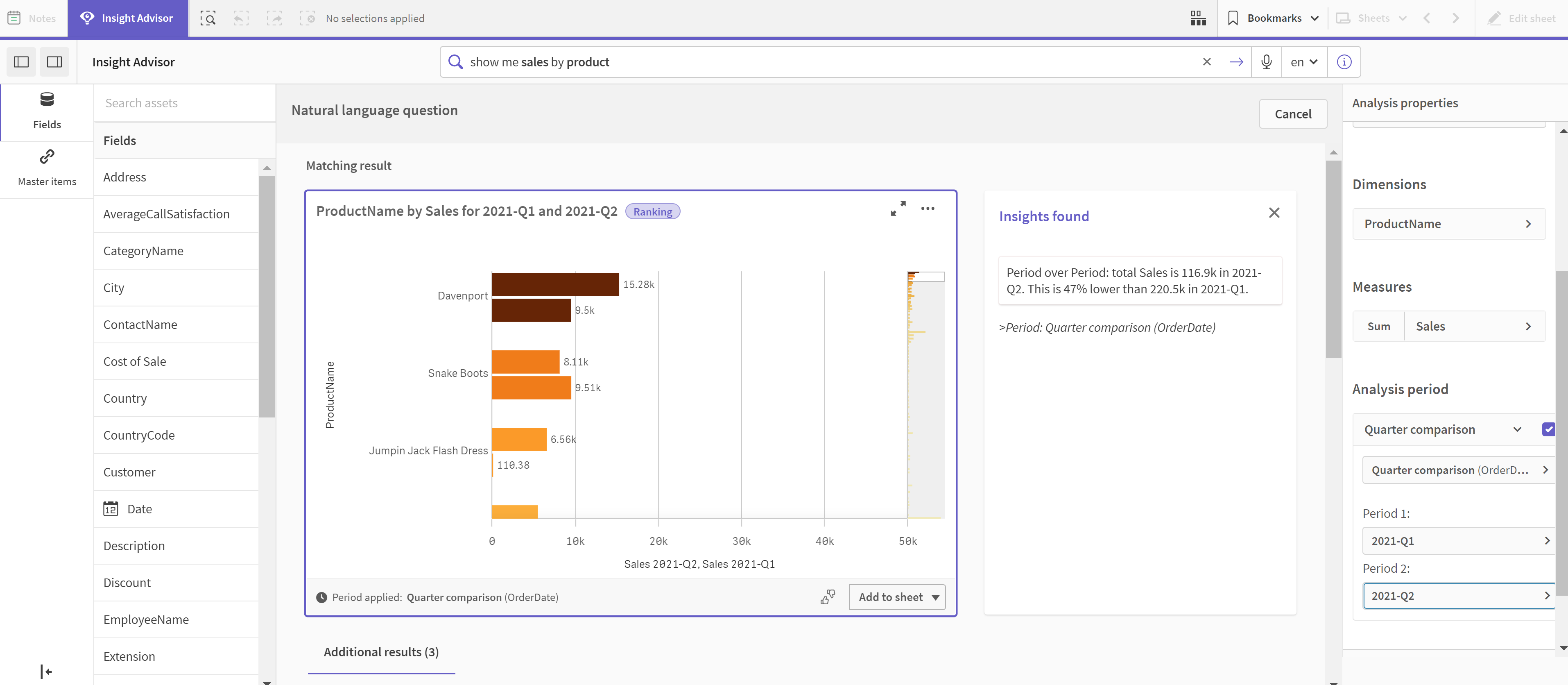 Graphique Insights avec une période de calendrier Comparaison de trimestres appliquée.