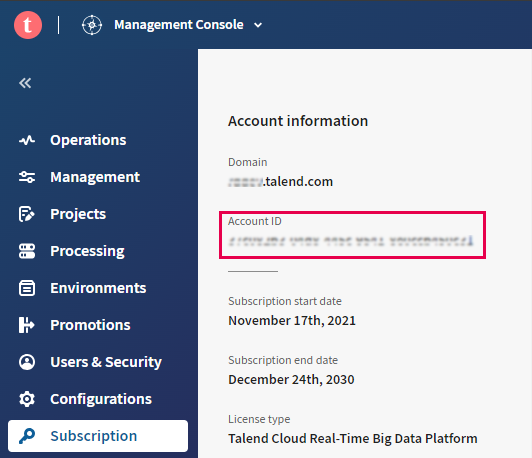 Volet Abonnement avec les informations du compte dans la Talend Management Console