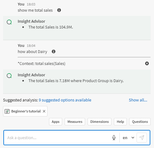 Image montrant des messages dans Insight Advisor Chat et des réponses contextuelles renvoyées par Insight Advisor Chat.