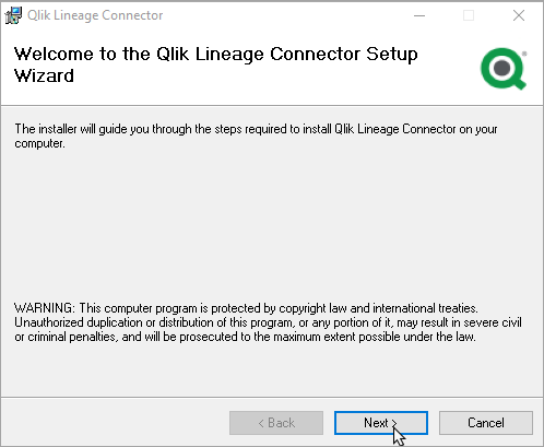Page de bienvenue de l'assistant Qlik Lineage Connector