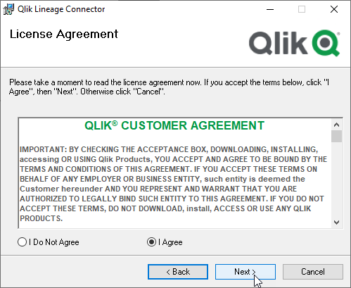 Passage en revue du contrat de licence Qlik Lineage Connectors + sélection de I Agree pour poursuivre l'installation