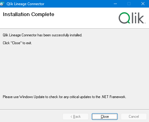 Écran de fin d'installation de Qlik lineage connector