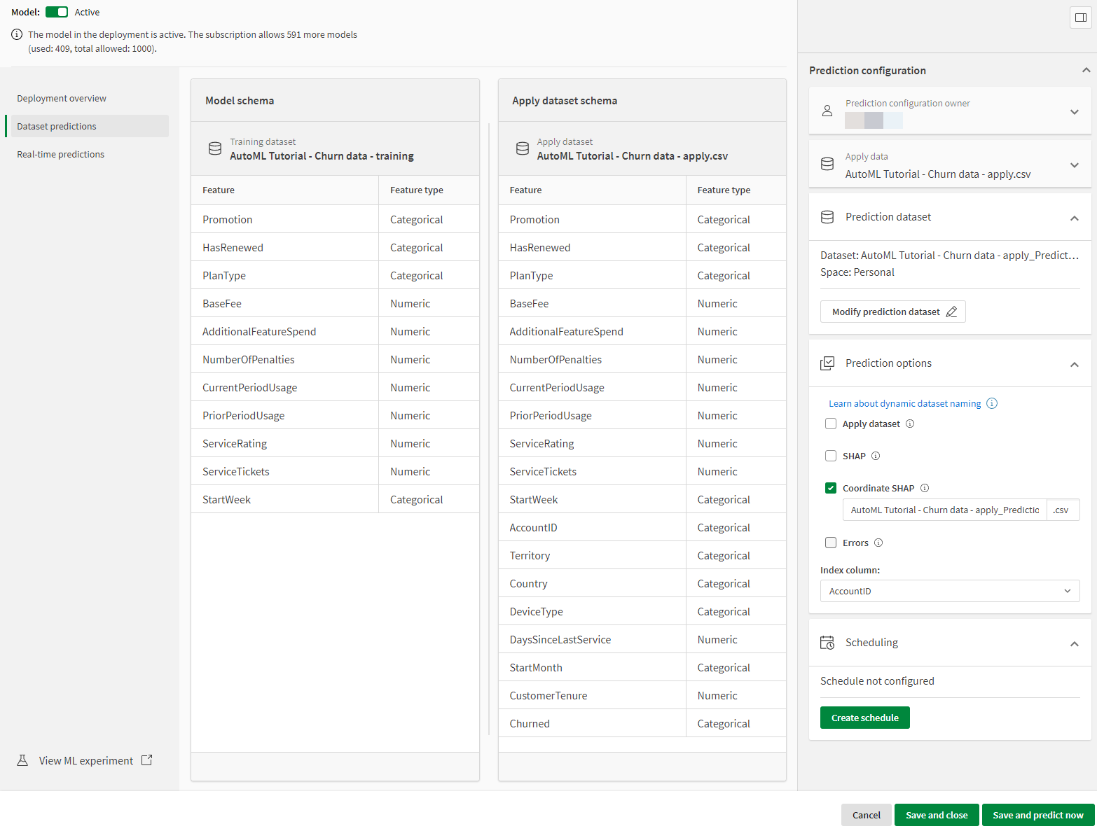 Menu Configuration de la prédiction et schémas Jeu de données lors de la création de prédictions.