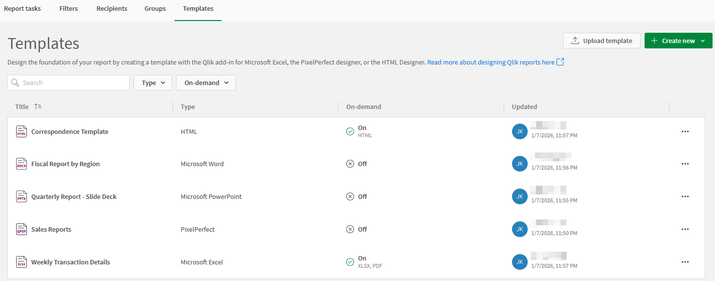 Onglet Modèles de la section Génération de rapports d'une application Qlik Sense. C'est ici que vous ajoutez des modèles et gérez les modèles existants