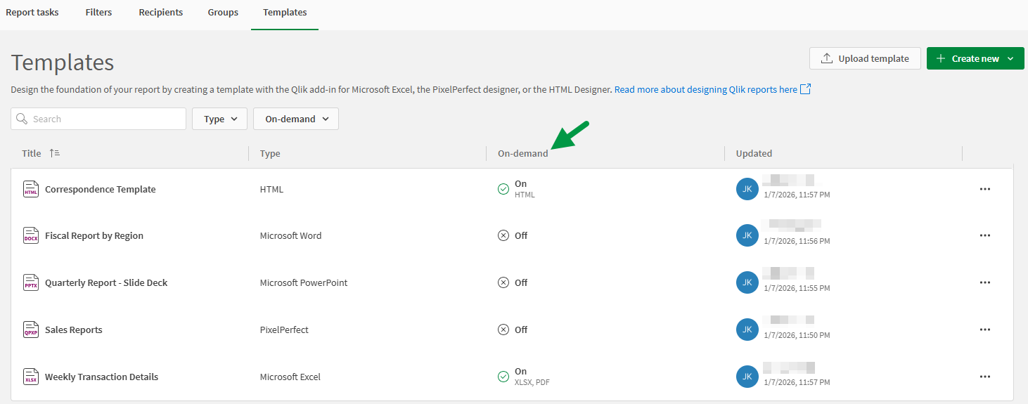 Colonne À la demande de l'onglet Modèles de la section Génération de rapports d'une application Qlik Sense affichant des modèles avec différents paramètres à la demande (activé et désactivé)