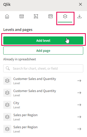 Onglet Niveaux et pages du complément Excel, à partir duquel vous pouvez ajouter/modifier des niveaux et pages existants que vous avez ajoutés ou ajouter un nouveau niveau ou une nouvelle page