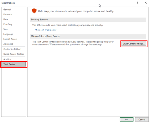 Bouton Paramètres du Centre de gestion de la confidentialité... dans les options Microsoft Excel