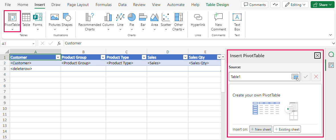 Tableau simple Excel natif sélectionné, avec les boutons nécessaires que l'utilisateur doit sélectionner pour le convertir en tableau croisé dynamique natif
