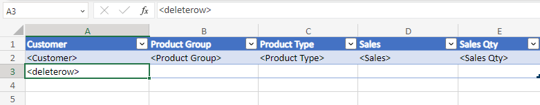 Nouveau tableau simple natif Excel créé, avec la balise deleterow à l'emplacement nécessaire