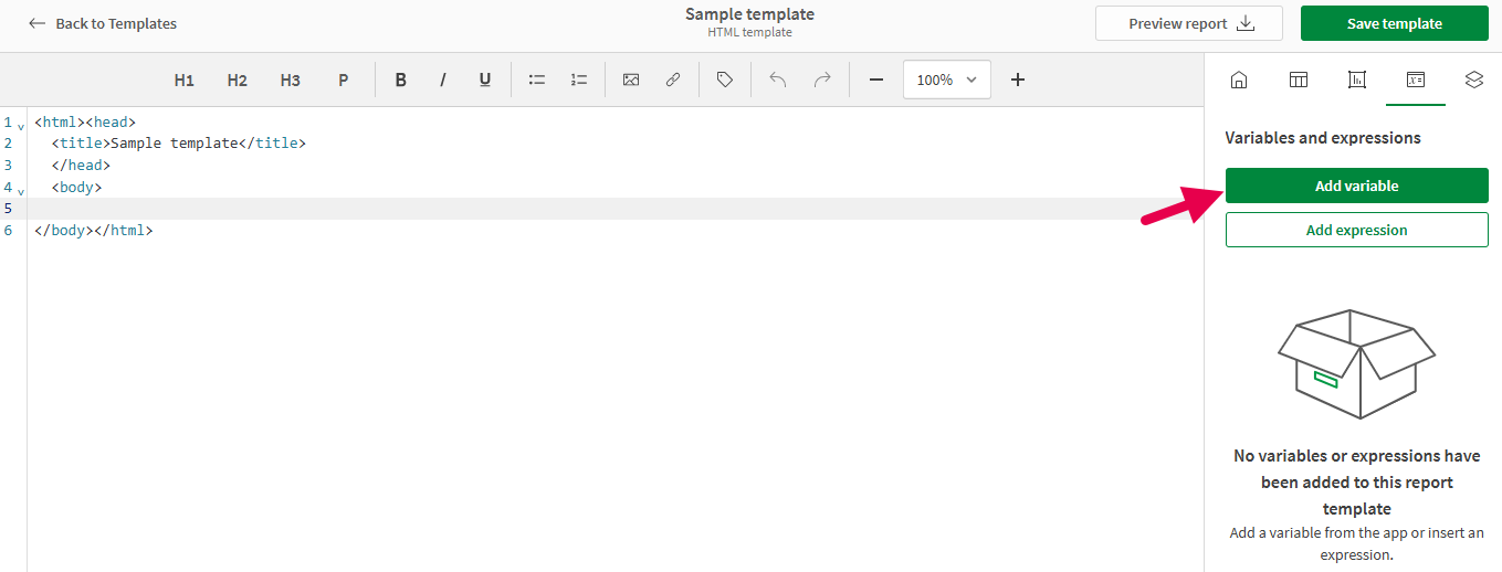 Menu « Variables et expressions » du concepteur HTML, à partir duquel vous pouvez modifier des variables existantes que vous avez ajoutées ou ajouter une nouvelle variable